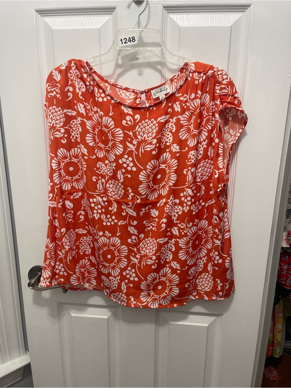 Wonderly Bright Coral Floral Cap-Sleeve Blouse